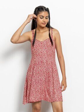 RED Floral SUMMER Spaghetti Straps Sun Dresses Vintage / Medium